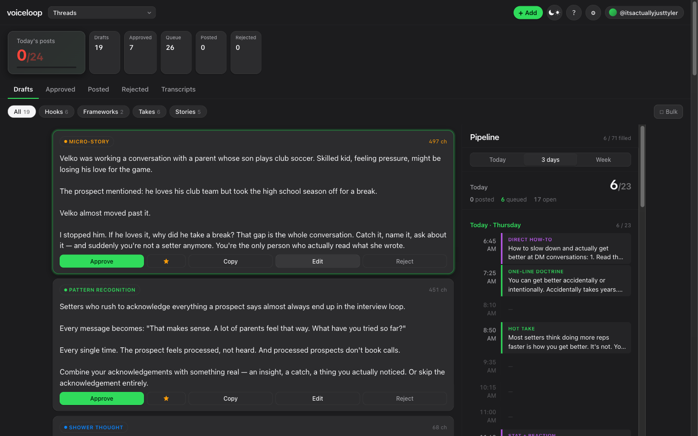 voiceloop dashboard with extracted posts and a posting pipeline
