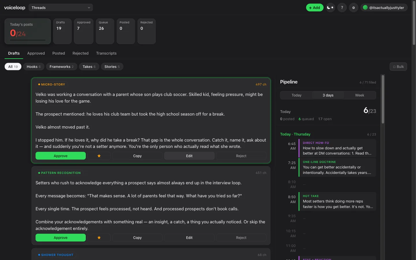 voiceloop dashboard with extracted posts and a posting pipeline